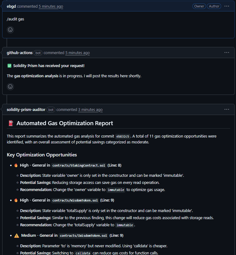 GitHub comment triggering a gas analysis and the summary report of potential optimizations.