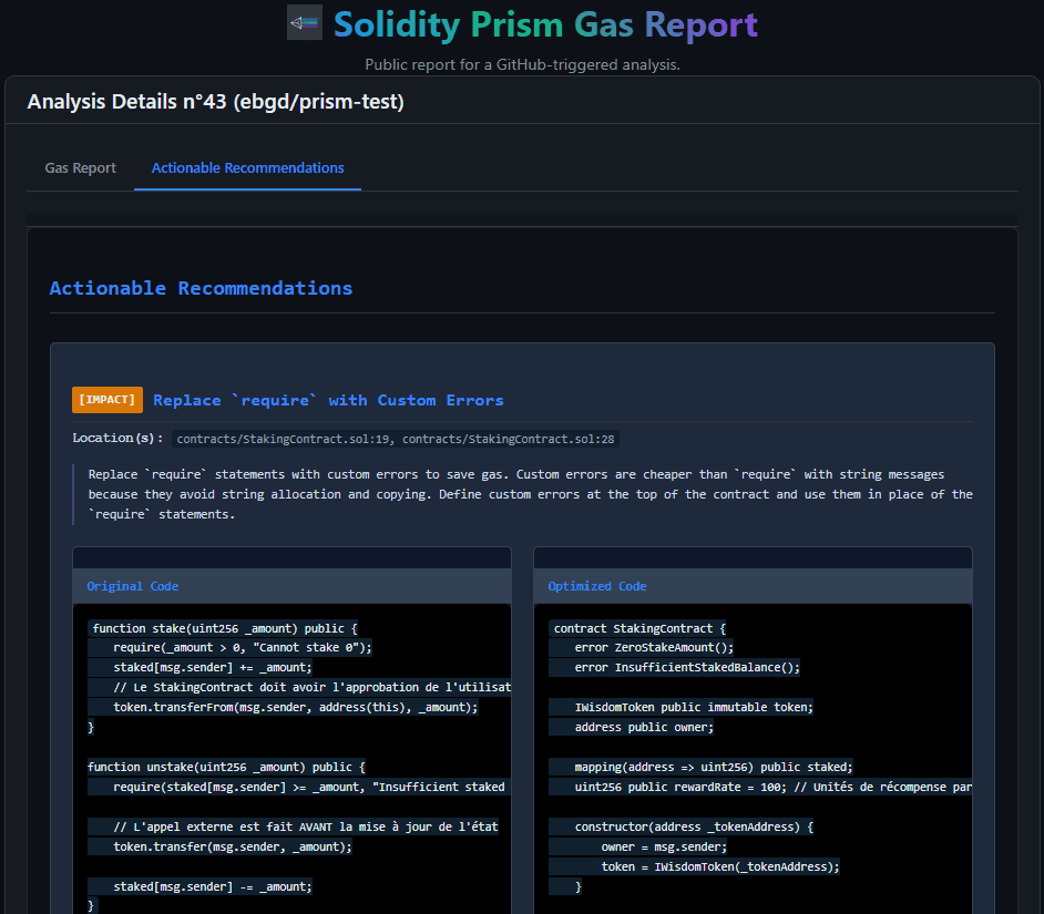 Actionable recommendations section, showing side-by-side code comparison for gas optimizations.