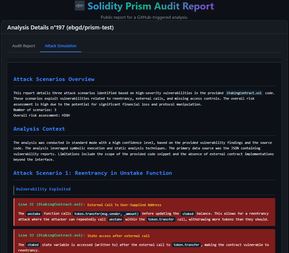 Attack simulation section of the report, showing a Proof-of-Concept and impact analysis.