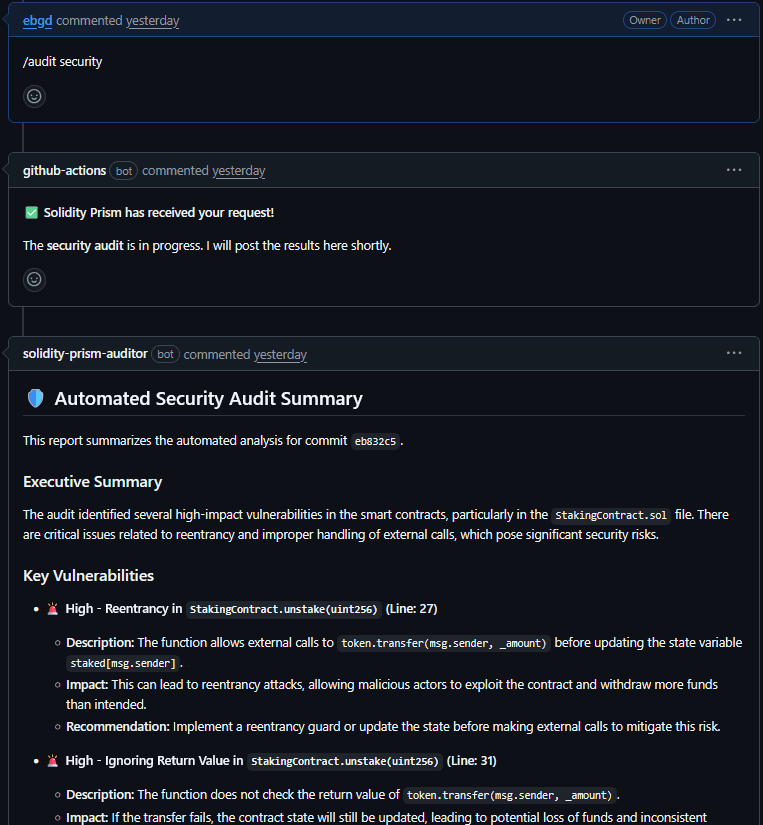 Summary of the security audit posted as a comment on a GitHub pull request.